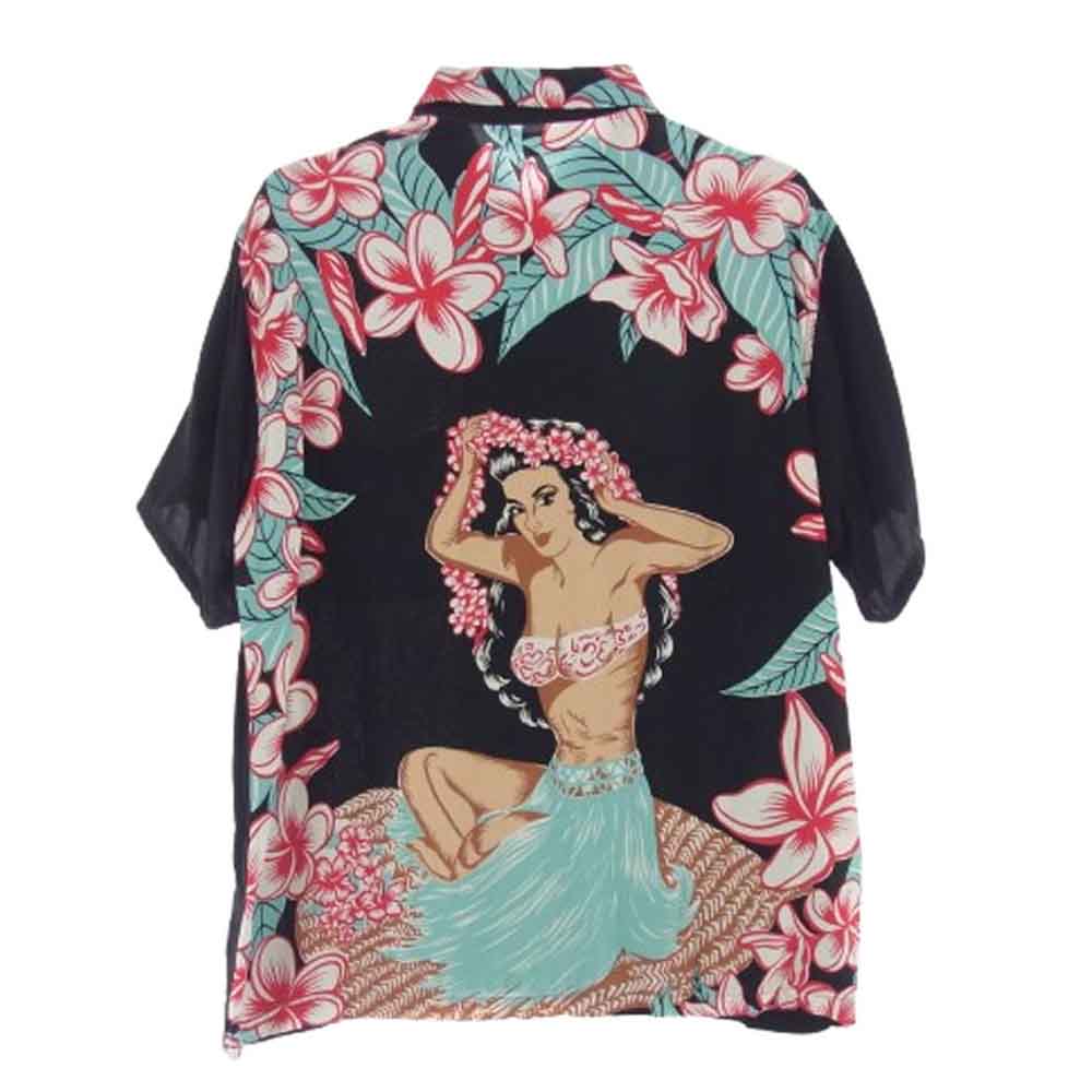 SUN SURF サンサーフ SS38423 SP ARTVOGUE HULA GIRL スペシャル フラガール アロハ ハワイアン シャツ ブラック系 マルチカラー系 L【美品】【中古】