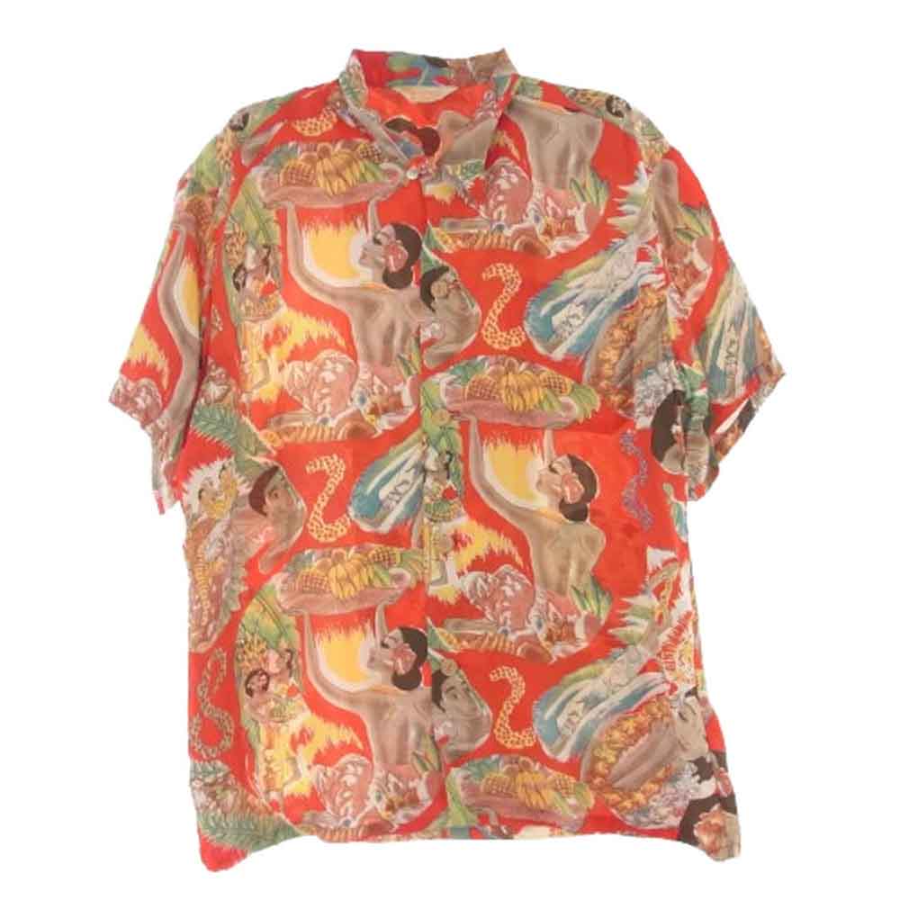 SUN SURF サンサーフ SP MACINTOSH MENU スペシャル マッキントッシュ メニュー柄 アロハ ハワイアン シャツ レッド系 マルチカラー系 L【中古】