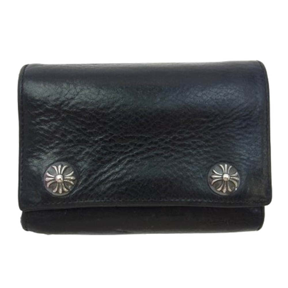 CHROME HEARTS クロムハーツ（原本有） 3FOLD 3フォールド クロスボールボタン コンパクト ウォレット レザー 三つ折り財布 ブラック系【中古】