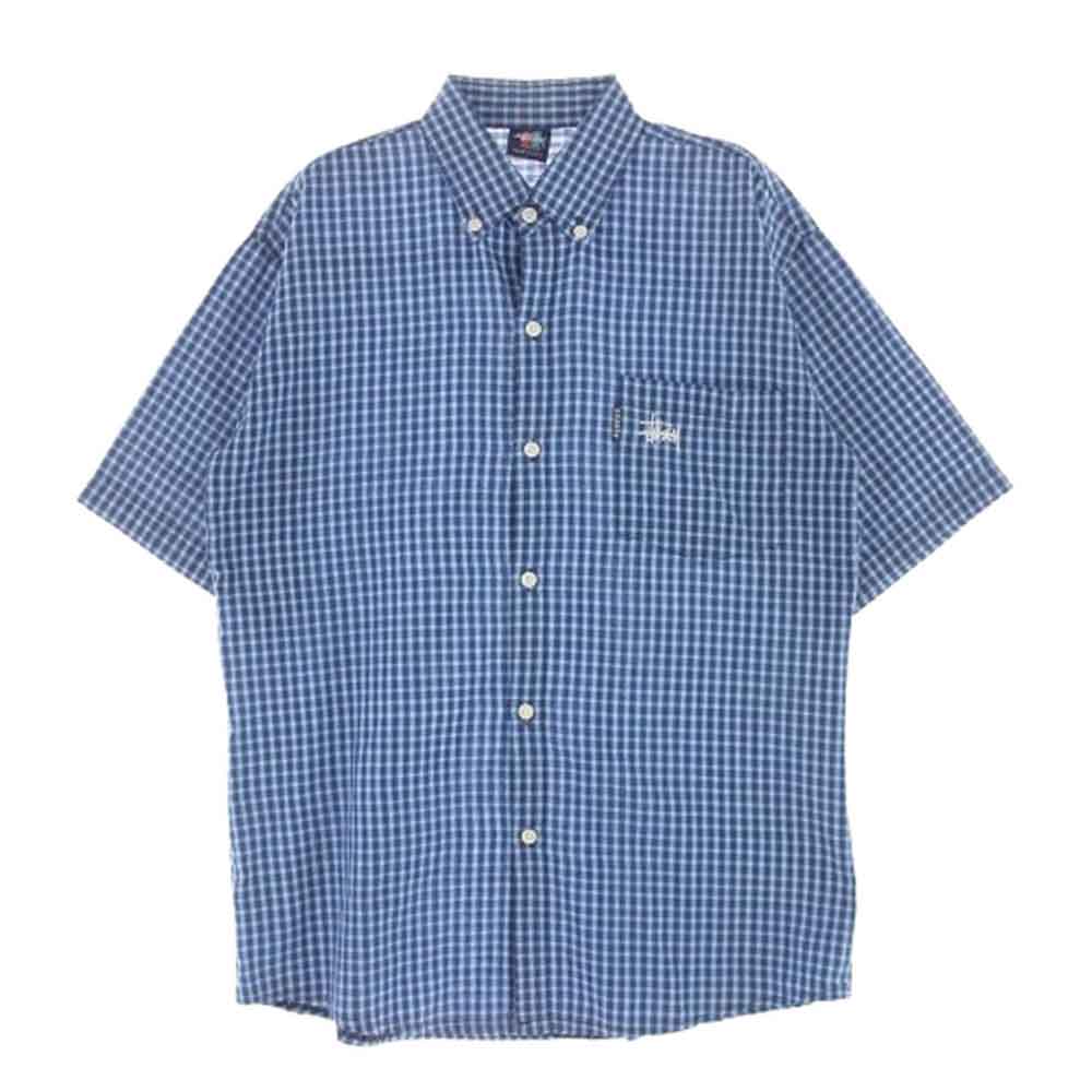 STUSSY ステューシー OLD オールド 90s～00s 赤青タグ ロゴ刺繍 チェック 半袖 シャツ ブルー系 M【中古】