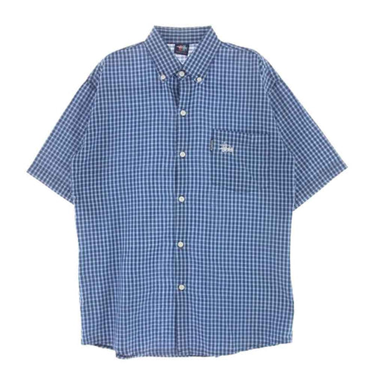 STUSSY ステューシー OLD オールド 90s～00s 赤青タグ ロゴ刺繍 チェック 半袖 シャツ ブルー系 M【中古】