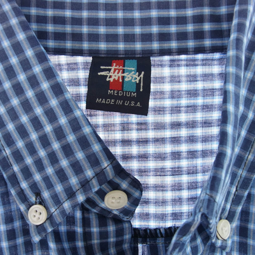 STUSSY ステューシー OLD オールド 90s～00s 赤青タグ ロゴ刺繍 チェック 半袖 シャツ ブルー系 M【中古】