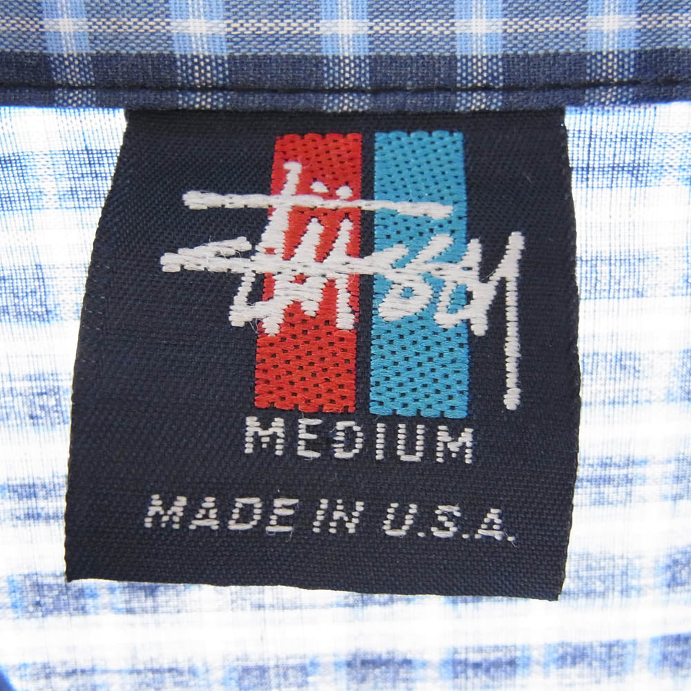 STUSSY ステューシー OLD オールド 90s～00s 赤青タグ ロゴ刺繍 チェック 半袖 シャツ ブルー系 M【中古】