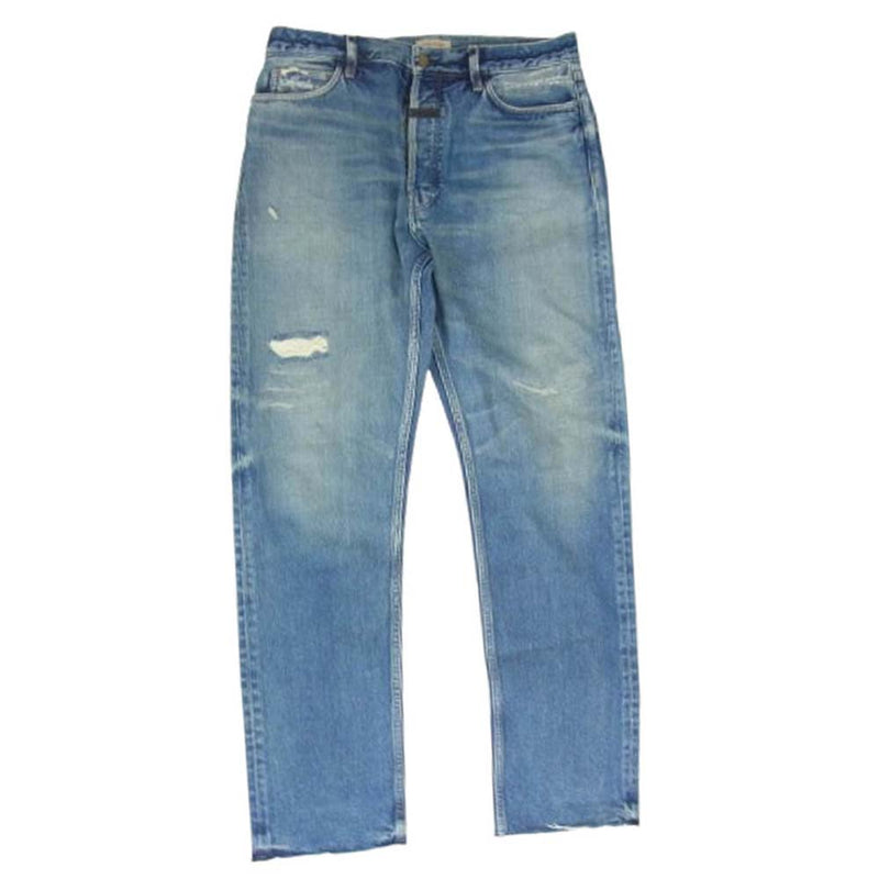 FEAR OF GOD フィアオブゴッド フロントロゴパッチ カットオフ ダメージ テーパード デニム パンツ インディゴブルー系 サイズ表記無【中古】
