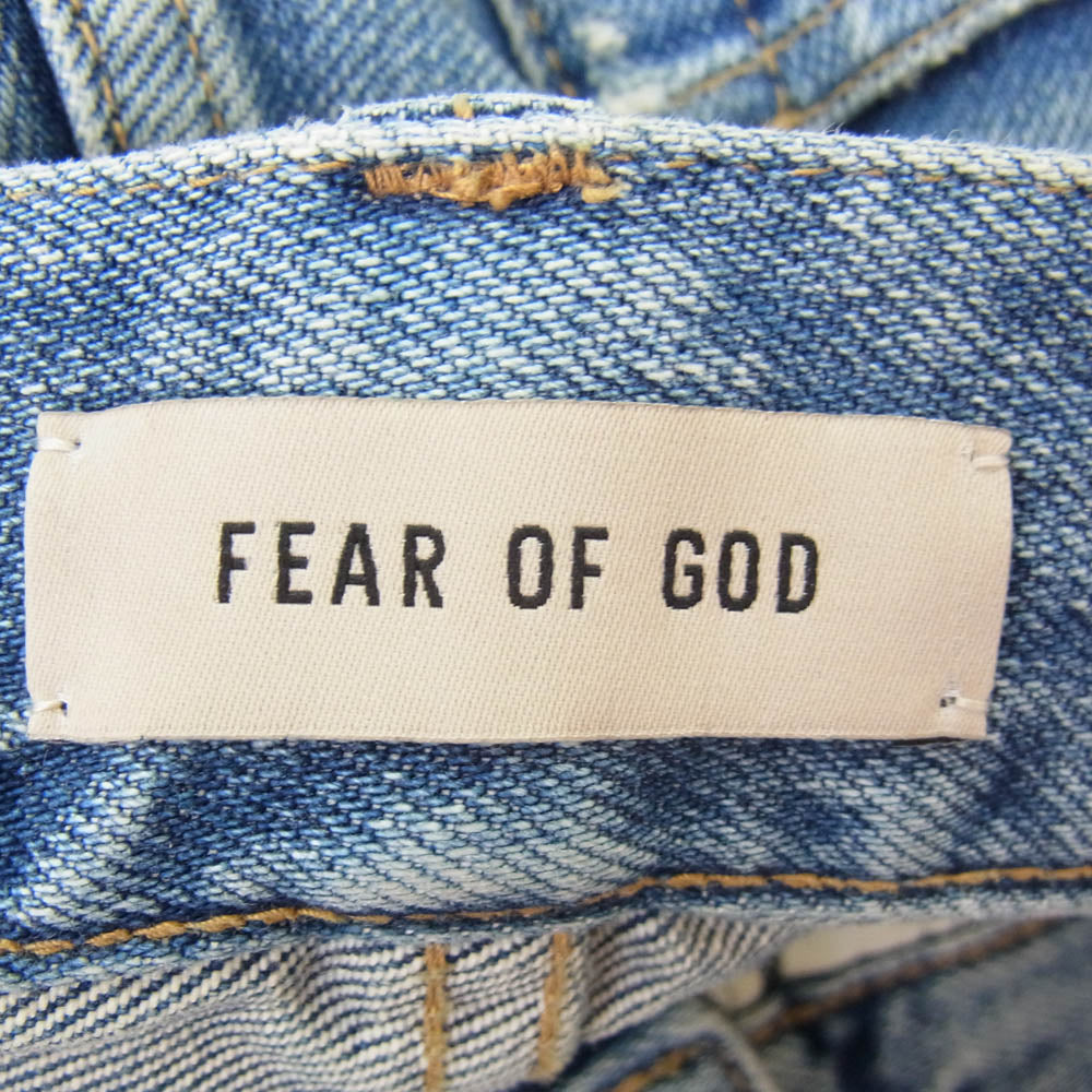 FEAR OF GOD フィアオブゴッド フロントロゴパッチ カットオフ ダメージ テーパード デニム パンツ インディゴブルー系 サイズ表記無【中古】