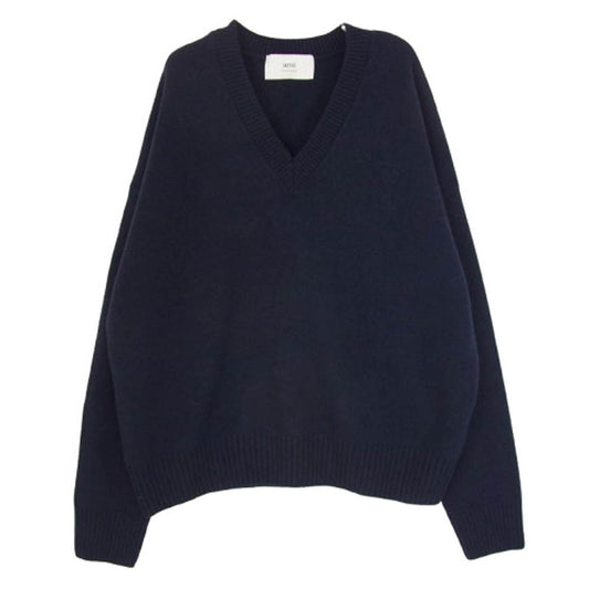 AMI PARIS アミパリス UKS244.KN0028 EMBOSSED AMI DE COEUR V NECK SWEATER エンボスロゴ Vネック ニット セーター ネイビー系 XL【中古】