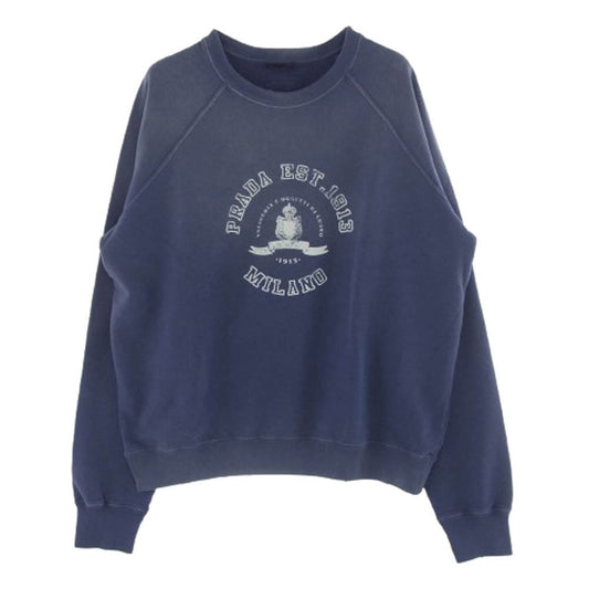 PRADA プラダ 25SS UJL19C SWMO カレッジロゴ ヴィンテージ加工 ニット三角ロゴ コットンフリース スウェット トレーナー ネイビー系 XXL【中古】