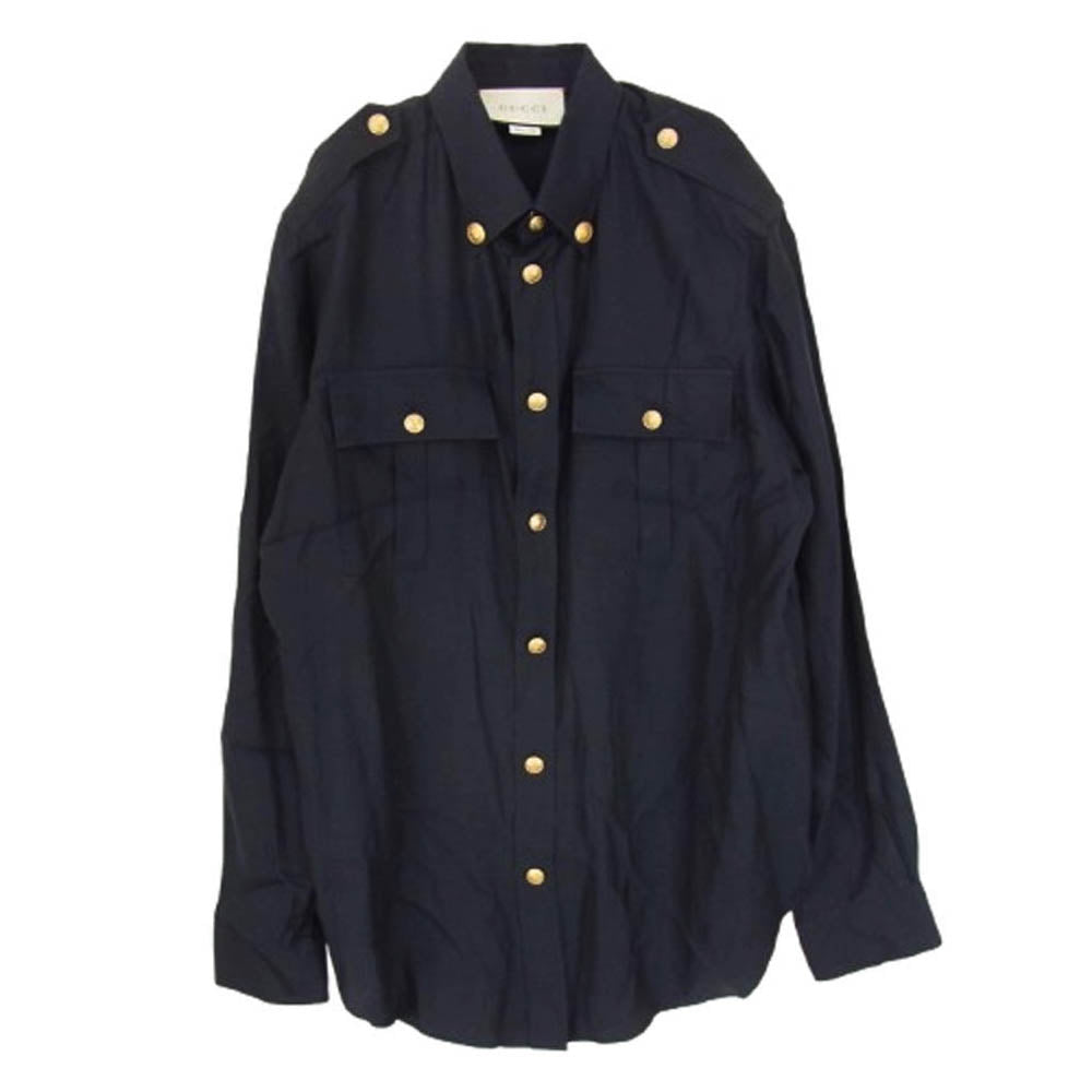 GUCCI グッチ 619032 Z407M エポレット付き 金ボタン キュプラ 長袖シャツ ネイビー系 46【中古】
