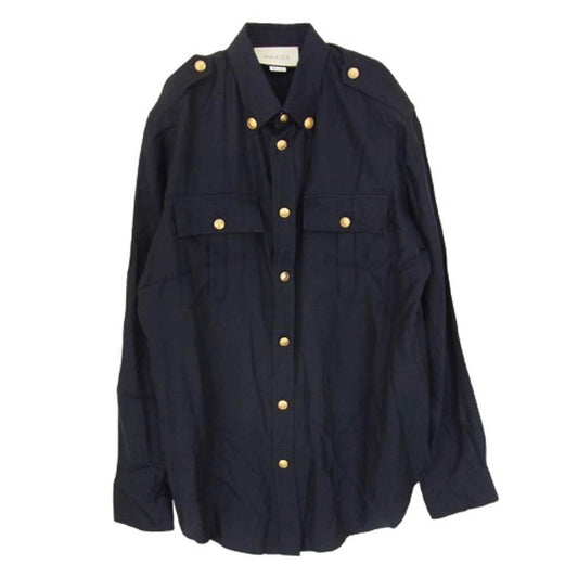 GUCCI グッチ 619032 Z407M エポレット付き 金ボタン キュプラ 長袖シャツ ネイビー系 46【中古】