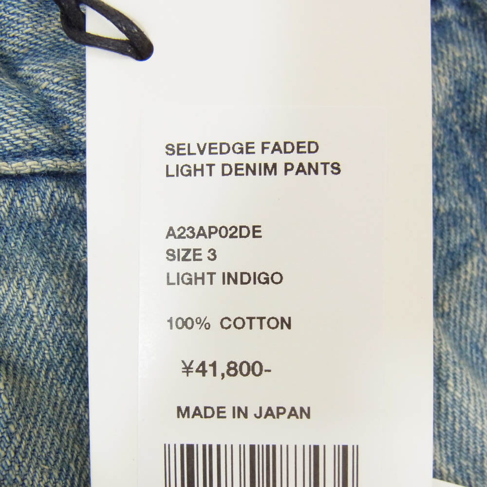 AURALEE オーラリー 23AW A23AP02DE SELVEDGE FADED LIGHT DENIM PANTS ユーズド加工 ストレートデニムパンツ インディゴブルー系 3【中古】