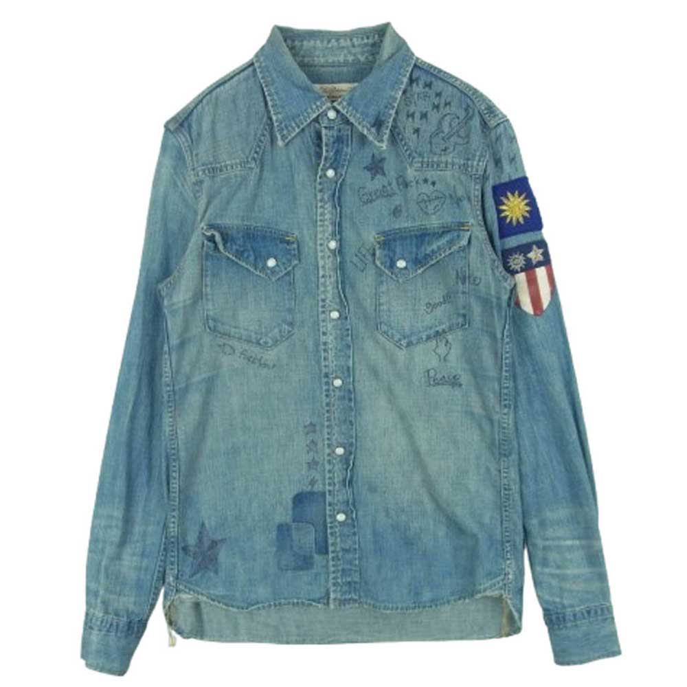 REMI RELIEF レミレリーフ ダメージ加工 イラスト ワッペン ウエスタン デニム シャツ 長袖 インディゴブルー系 S【中古】