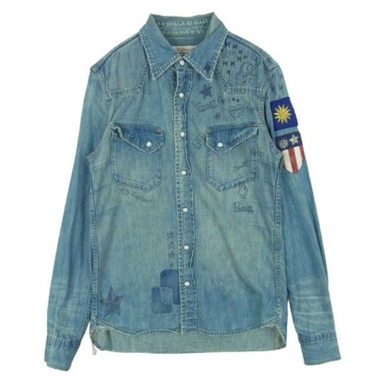 REMI RELIEF レミレリーフ ダメージ加工 イラスト ワッペン ウエスタン デニム シャツ 長袖 インディゴブルー系 S【中古】