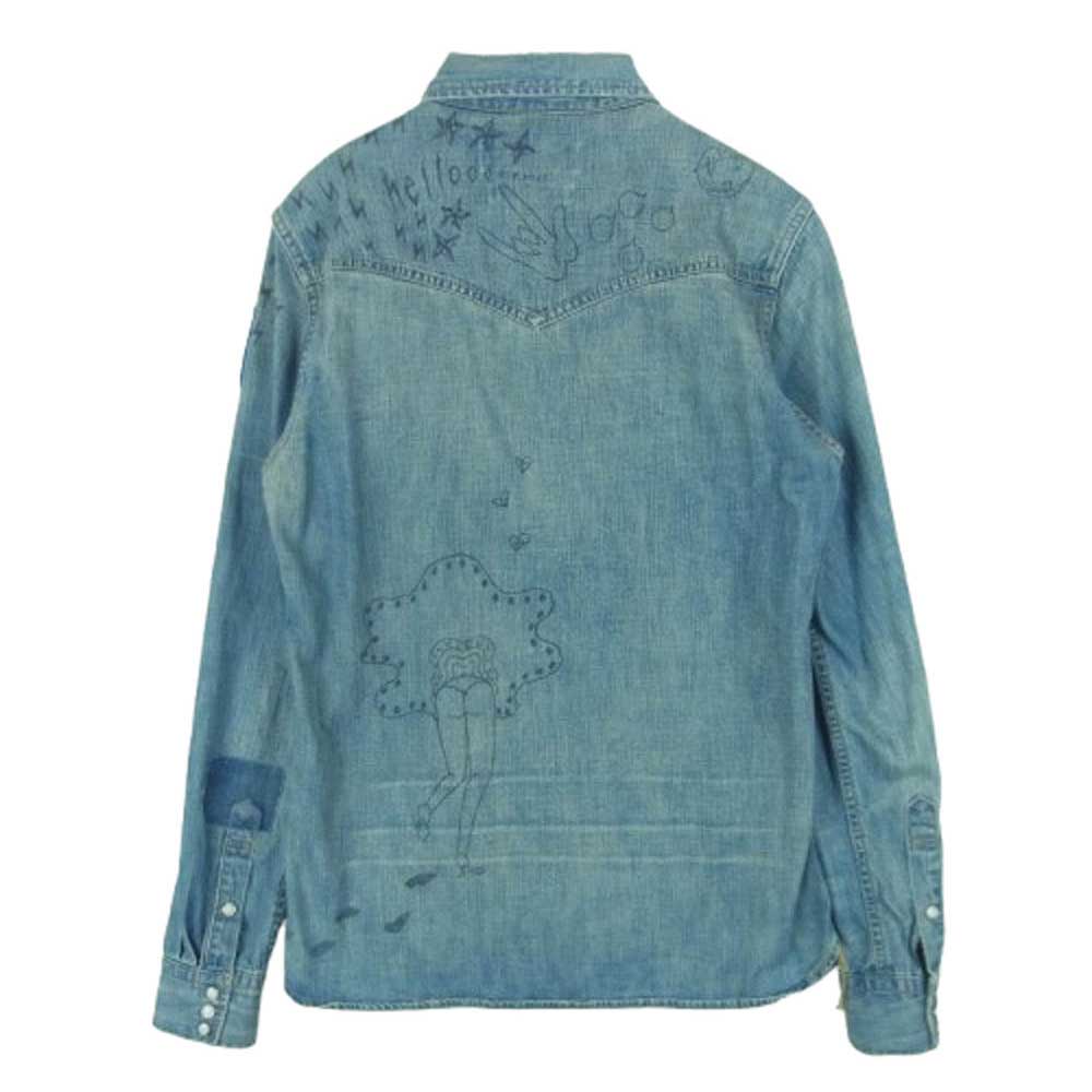 REMI RELIEF レミレリーフ ダメージ加工 イラスト ワッペン ウエスタン デニム シャツ 長袖 インディゴブルー系 S【中古】