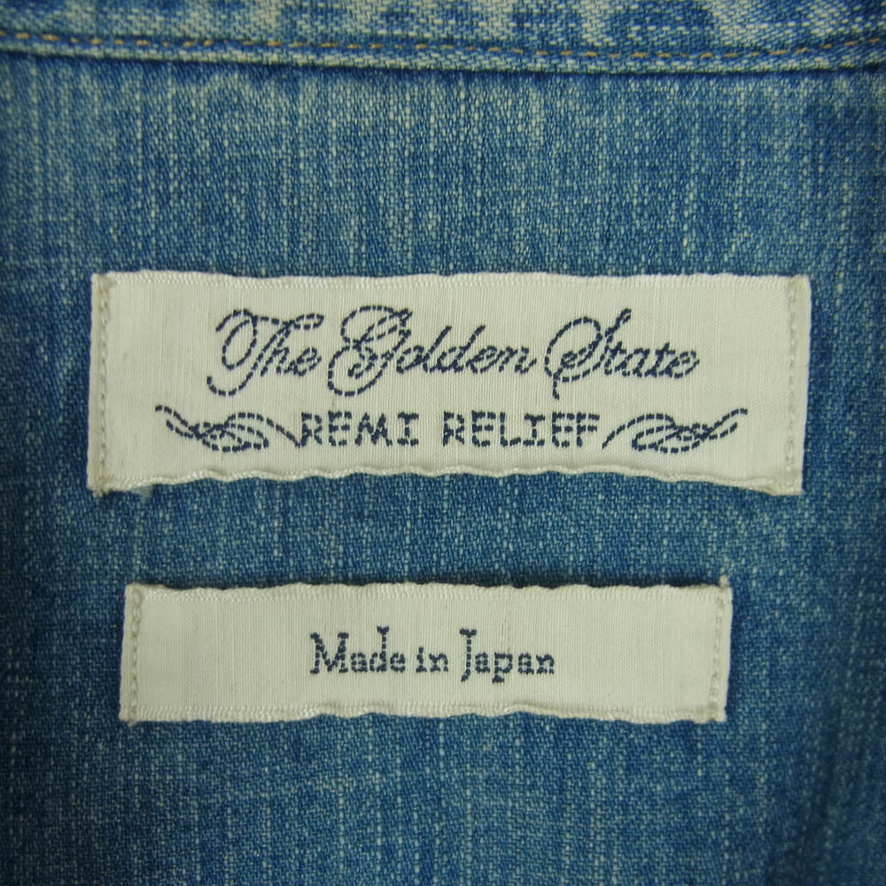 REMI RELIEF レミレリーフ ダメージ加工 イラスト ワッペン ウエスタン デニム シャツ 長袖 インディゴブルー系 S【中古】