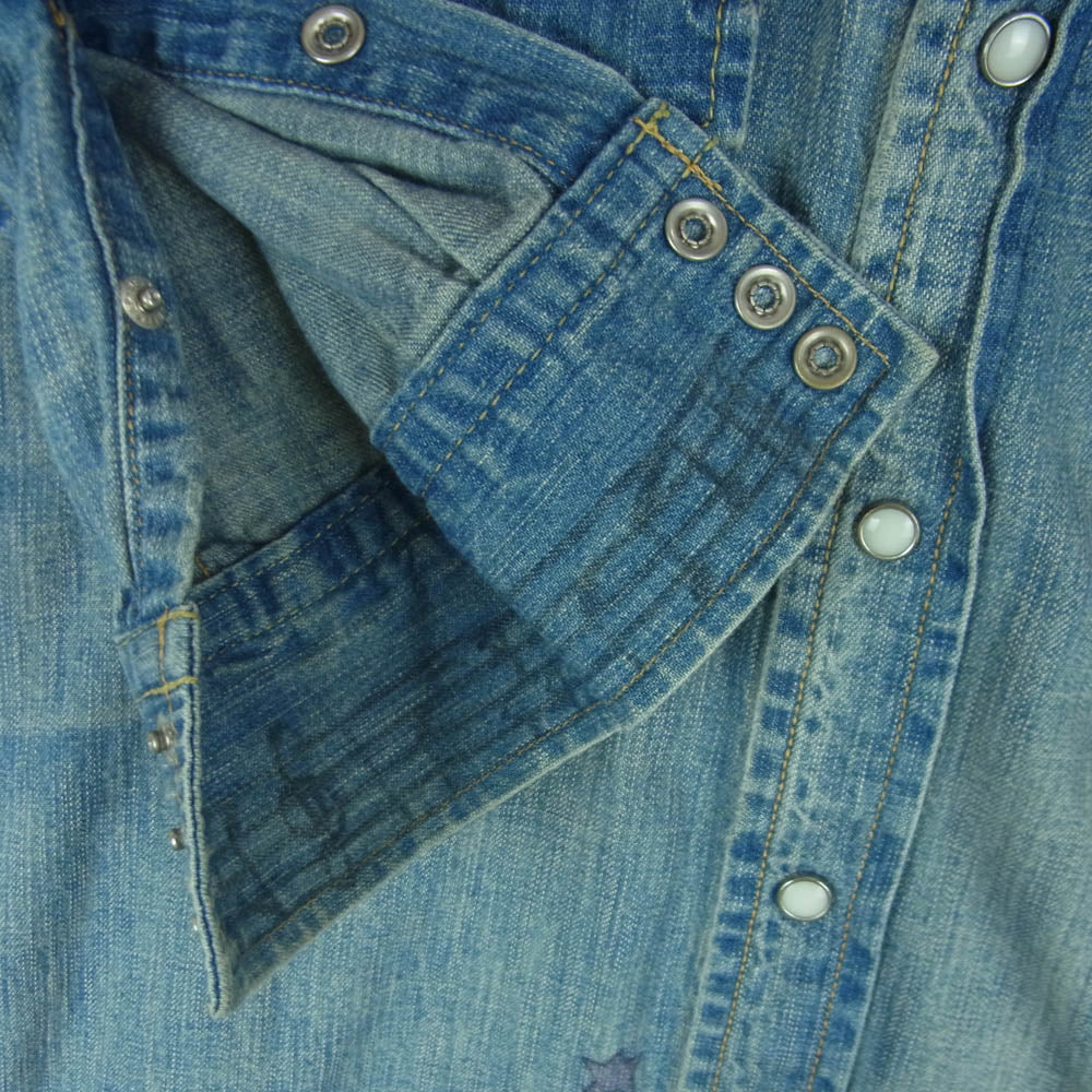 REMI RELIEF レミレリーフ ダメージ加工 イラスト ワッペン ウエスタン デニム シャツ 長袖 インディゴブルー系 S【中古】