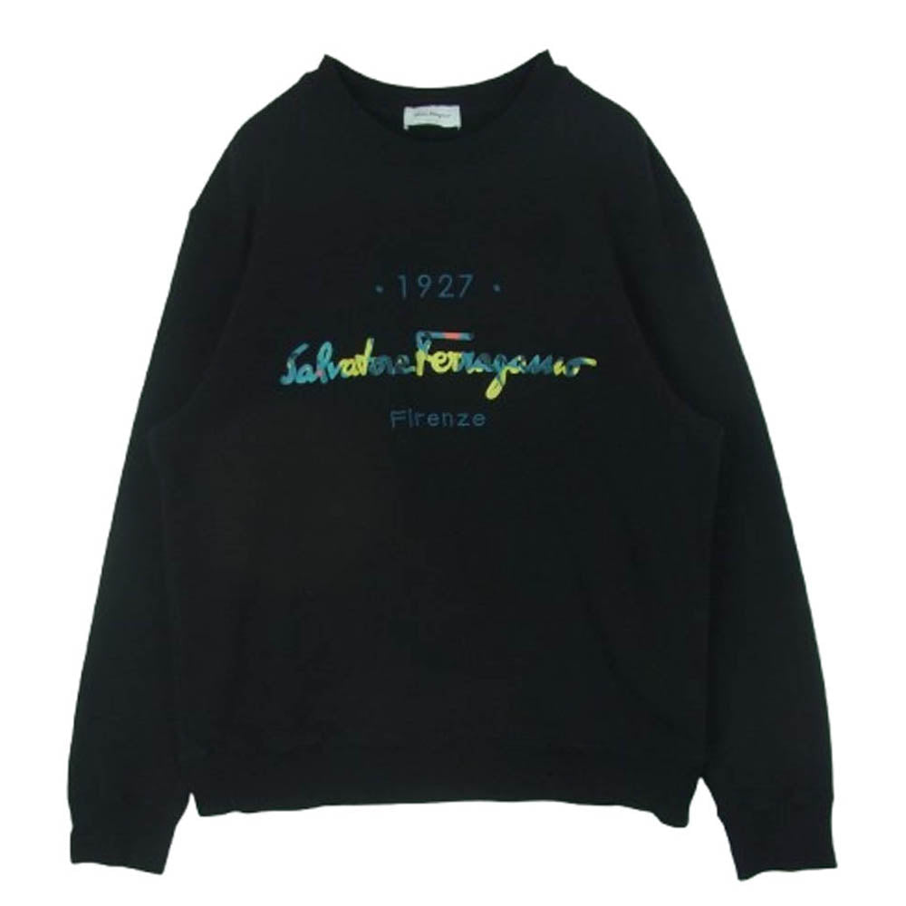 Salvatore Ferragamo サルヴァトーレフェラガモ ロゴ フロッキープリント エンブロイダリー クルーネック スウェット トレーナー ブラック系 L【中古】