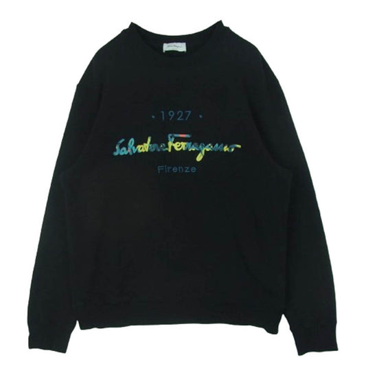 Salvatore Ferragamo サルヴァトーレフェラガモ ロゴ フロッキープリント エンブロイダリー クルーネック スウェット トレーナー ブラック系 L【中古】