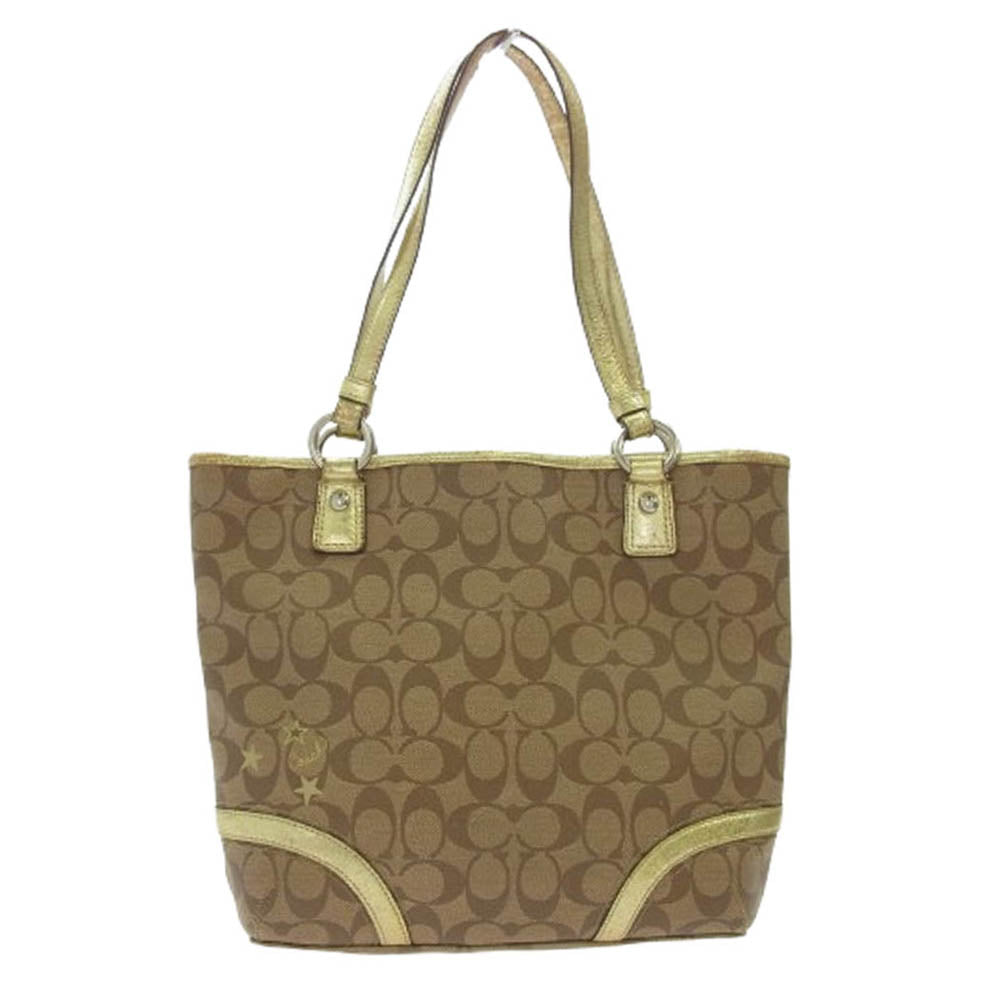 COACH コーチ F18853 ヘリテージ シグネチャー トート バッグ ブラウン系 ゴールド系【中古】
