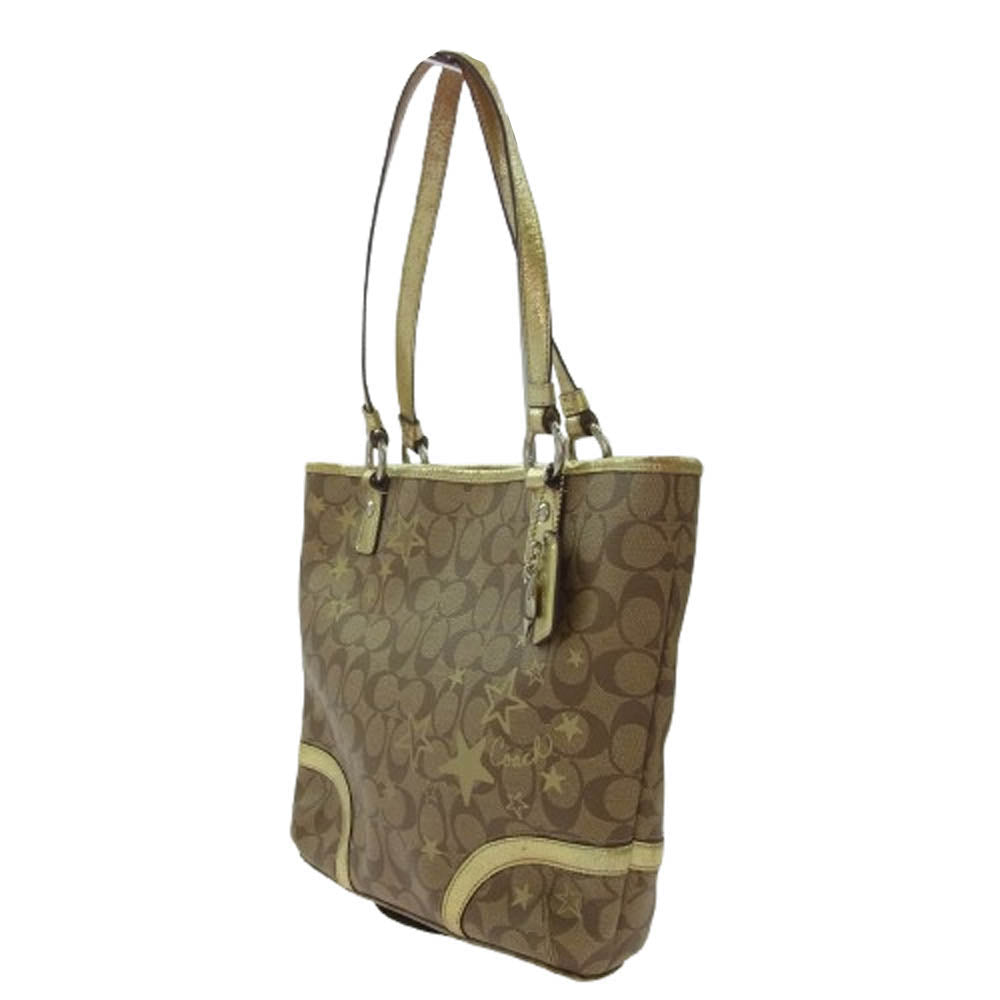 COACH コーチ F18853 ヘリテージ シグネチャー トート バッグ ブラウン系 ゴールド系【中古】