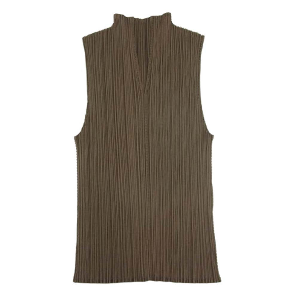 PLEATS PLEASE プリーツプリーズ イッセイミヤケ 7558033 プリーツ加工 ボトルネック ノースリーブ スキッパー カットソー カーキ系 3【中古】