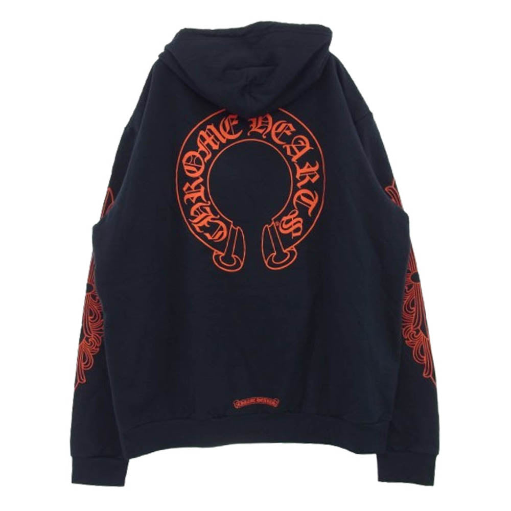 CHROME HEARTS クロムハーツ（原本無） SWTSHRT PLVR 袖フローラル バックホースシュープリント プルオーバー パーカー フーディ ネイビー系 XL【美品】【中古】