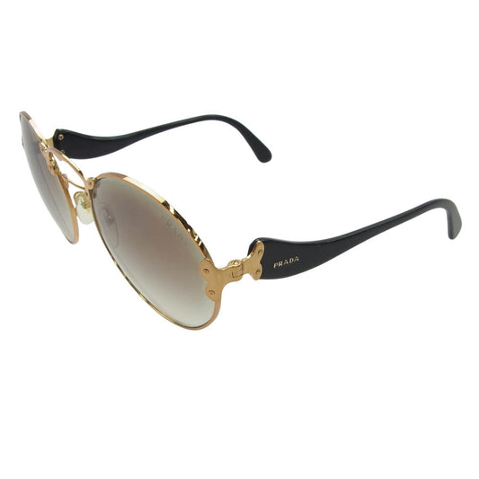 PRADA プラダ SPR55T ラウンドフレーム テンプルロゴ ウェーブテンプル サングラス アイウェア ブラック系 ゴールド系【中古】