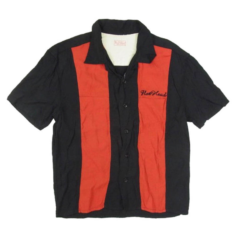 THE FLAT HEAD ザフラットヘッド ロゴステッチ レーヨン ボーリング 半袖 オープンカラー シャツ ブラック系 S【中古】