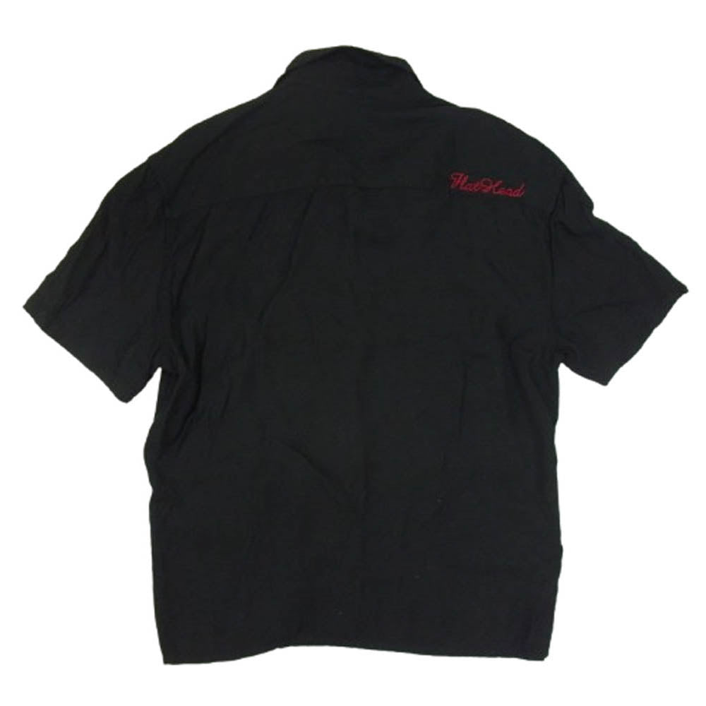 THE FLAT HEAD ザフラットヘッド ロゴステッチ レーヨン ボーリング 半袖 オープンカラー シャツ ブラック系 S【中古】