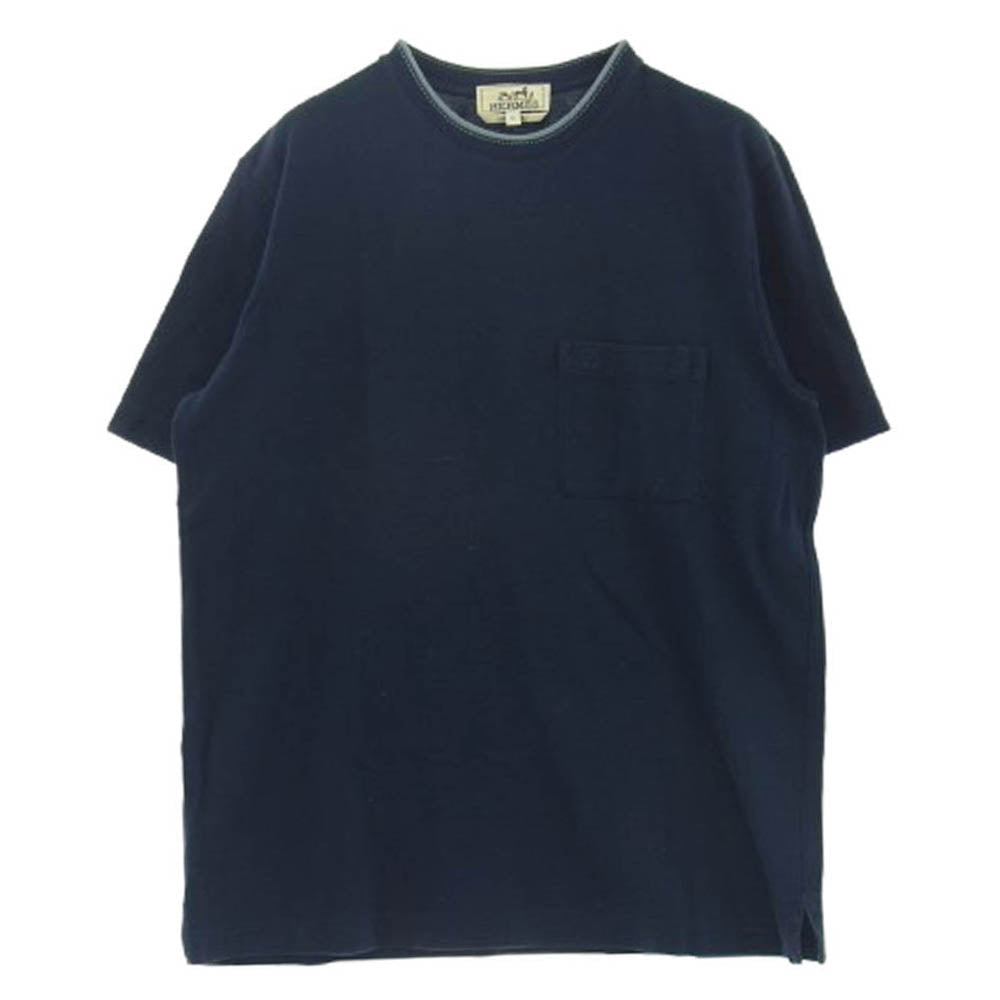 HERMES エルメス イタリア製 現行品 Hロゴ刺繍 クルーネック 半袖 Tシャツ ダークネイビー系 M【中古】