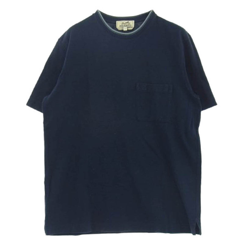HERMES エルメス イタリア製 現行品 Hロゴ刺繍 クルーネック 半袖 Tシャツ ダークネイビー系 M【中古】