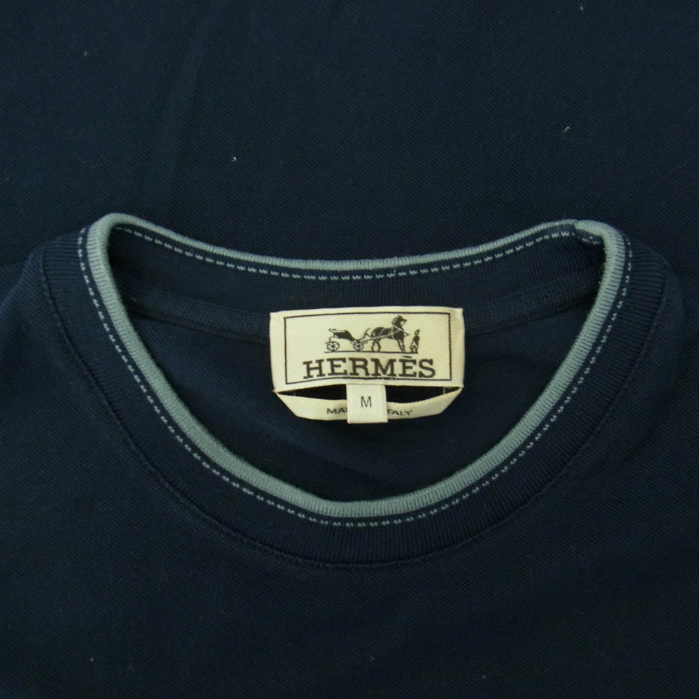 HERMES エルメス イタリア製 現行品 Hロゴ刺繍 クルーネック 半袖 Tシャツ ダークネイビー系 M【中古】