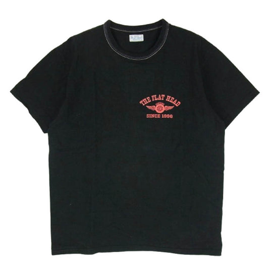 THE FLAT HEAD ザフラットヘッド FN-THC-202 FLYING WHEEL THCシリーズ 染み込み ロゴプリント 3本針の1本外し 半袖 Ｔシャツ ブラック系 42【中古】