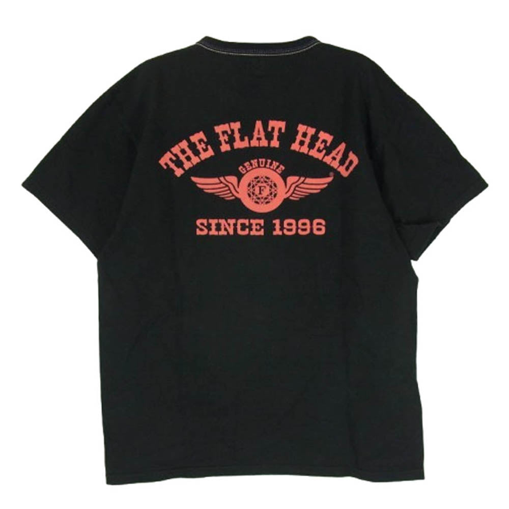 THE FLAT HEAD ザフラットヘッド FN-THC-202 FLYING WHEEL THCシリーズ 染み込み ロゴプリント 3本針の1本外し 半袖 Ｔシャツ ブラック系 42【中古】