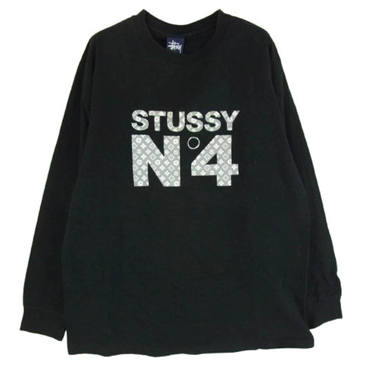 STUSSY ステューシー USA製 90s 紺タグ N°4 オールド モノグラム ロゴ ロングスリーブ 長袖 Tシャツ ブラック系 L【中古】