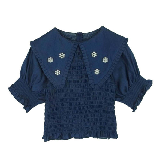 ポピー セーラーカラー ビッグカラー ギャザー ハーフスリーブ トップス ブラウス 韓国製 ネイビー系 F【中古】