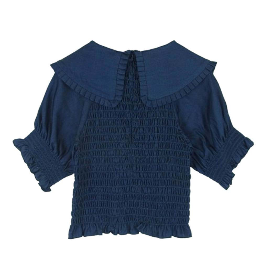 ポピー セーラーカラー ビッグカラー ギャザー ハーフスリーブ トップス ブラウス 韓国製 ネイビー系 F【中古】
