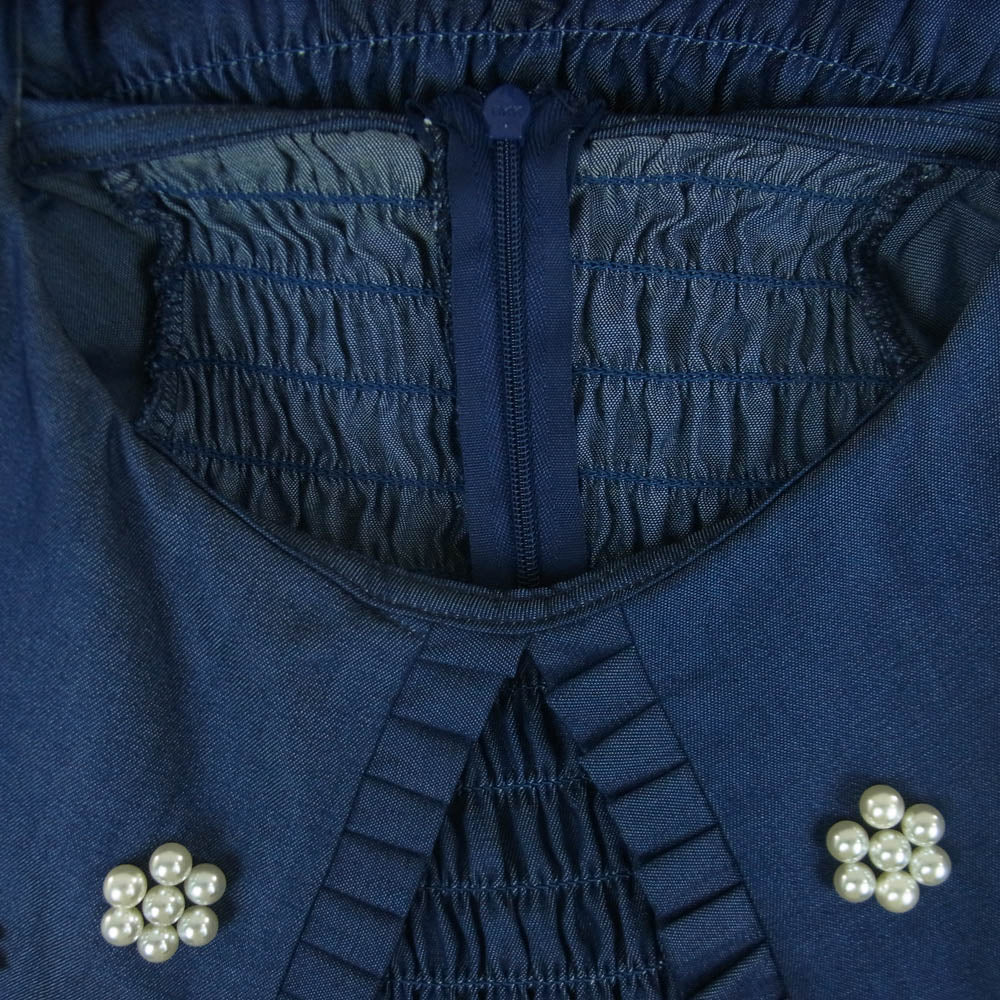 ポピー セーラーカラー ビッグカラー ギャザー ハーフスリーブ トップス ブラウス 韓国製 ネイビー系 F【中古】