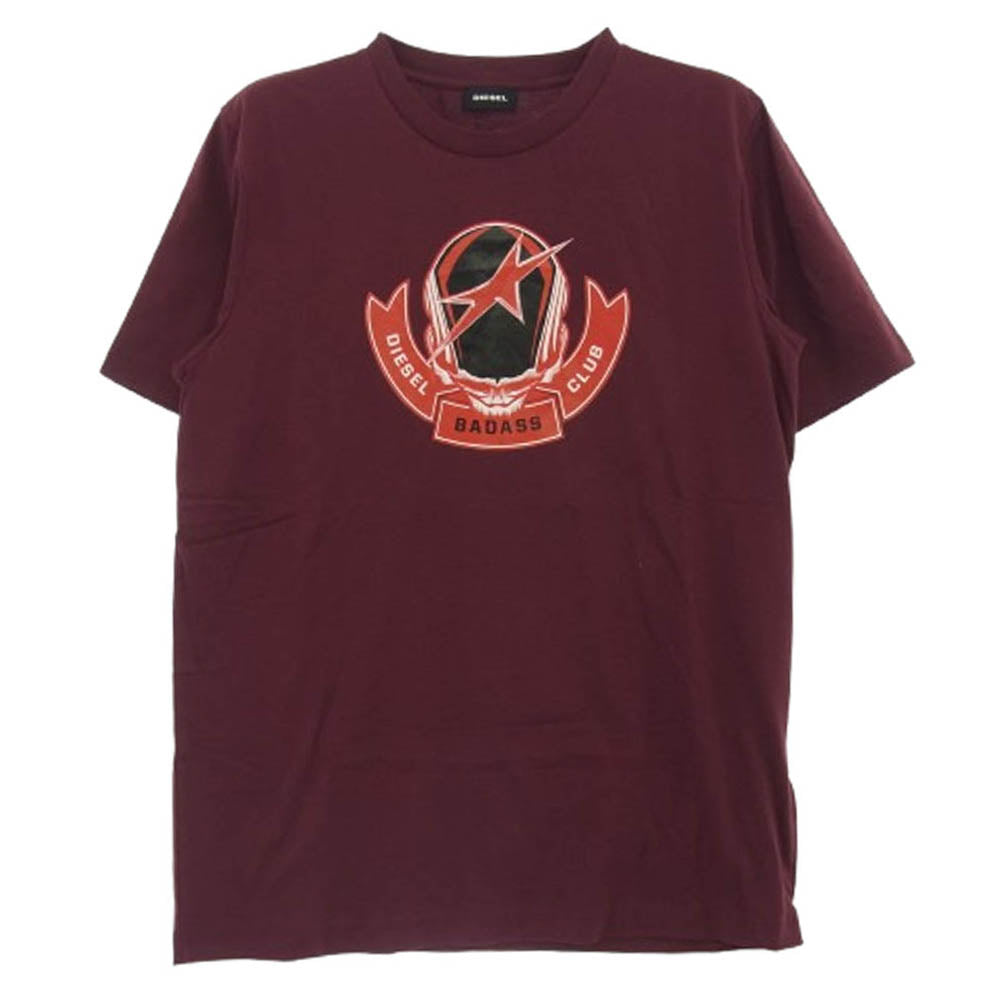 DIESEL ディーゼル T-JUST-B1 BADASSプリント 半袖Tシャツ エンジ系 XS【新古品】【未使用】【中古】