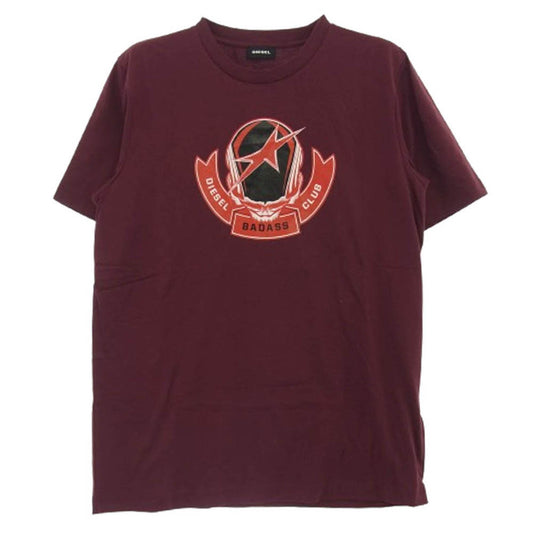 DIESEL ディーゼル T-JUST-B1 BADASSプリント 半袖Tシャツ エンジ系 XS【新古品】【未使用】【中古】