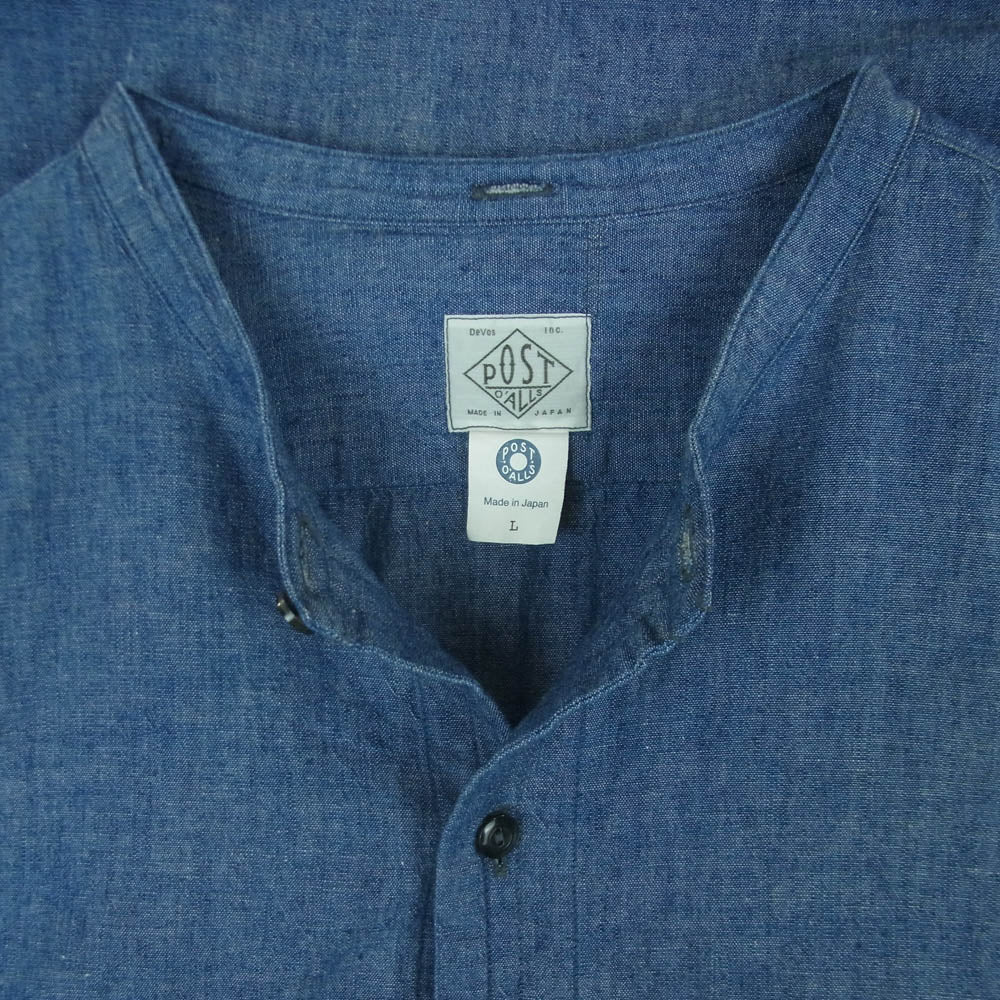POST OVERALLS ポストオーバーオールズ 3220B-CC NEUTRA 5 Band スタンドカラー シャンブレー 長袖 シャツ インディゴブルー系 L【中古】