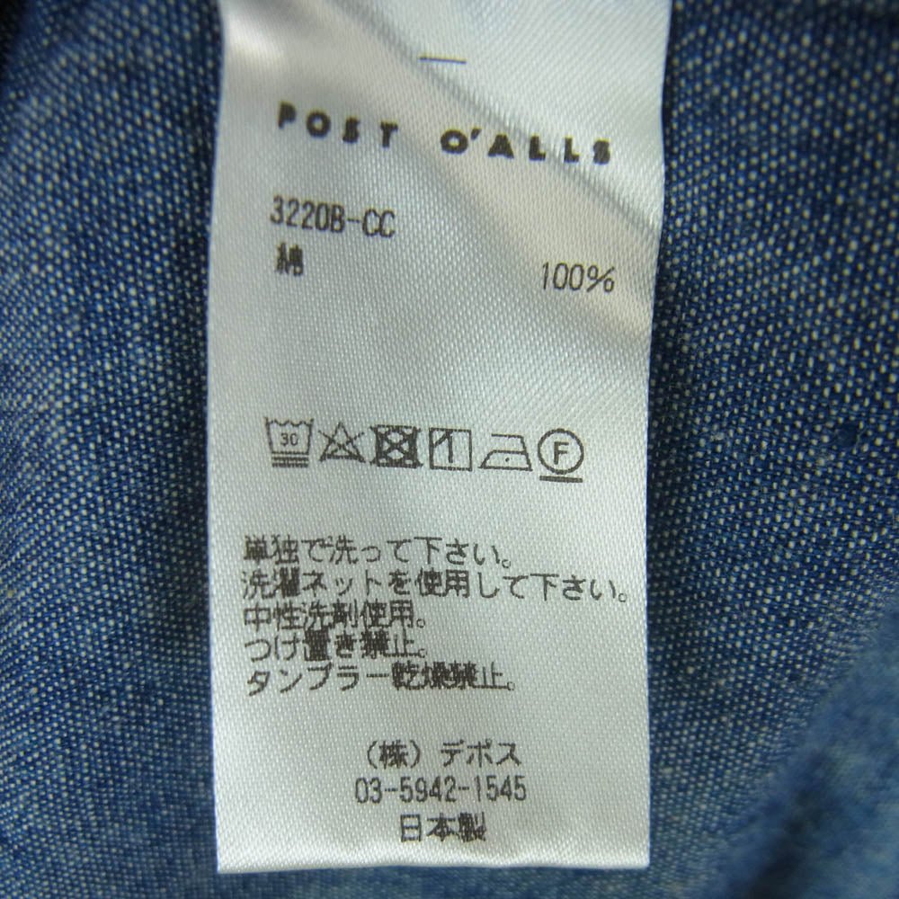 POST OVERALLS ポストオーバーオールズ 3220B-CC NEUTRA 5 Band スタンドカラー シャンブレー 長袖 シャツ インディゴブルー系 L【中古】