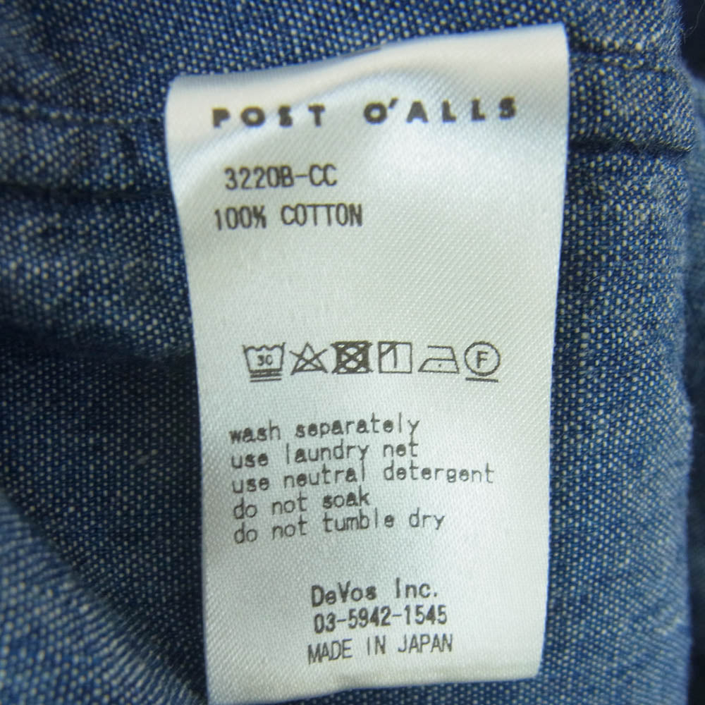 POST OVERALLS ポストオーバーオールズ 3220B-CC NEUTRA 5 Band スタンドカラー シャンブレー 長袖 シャツ インディゴブルー系 L【中古】