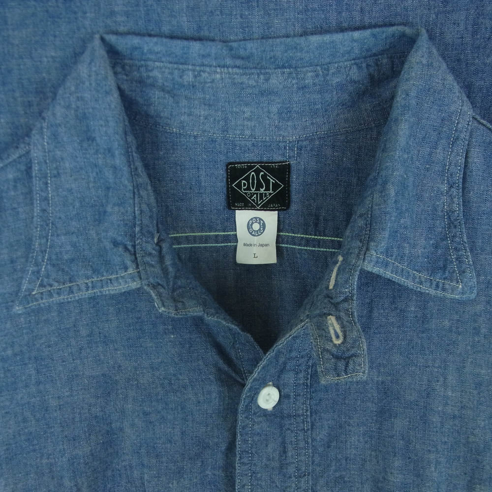 POST OVERALLS ポストオーバーオールズ 1202-CC NO.2 Shirts classic chambray ハーフボタン シャンブレー プルオーバー 長袖 シャツ インディゴブルー系 L【中古】