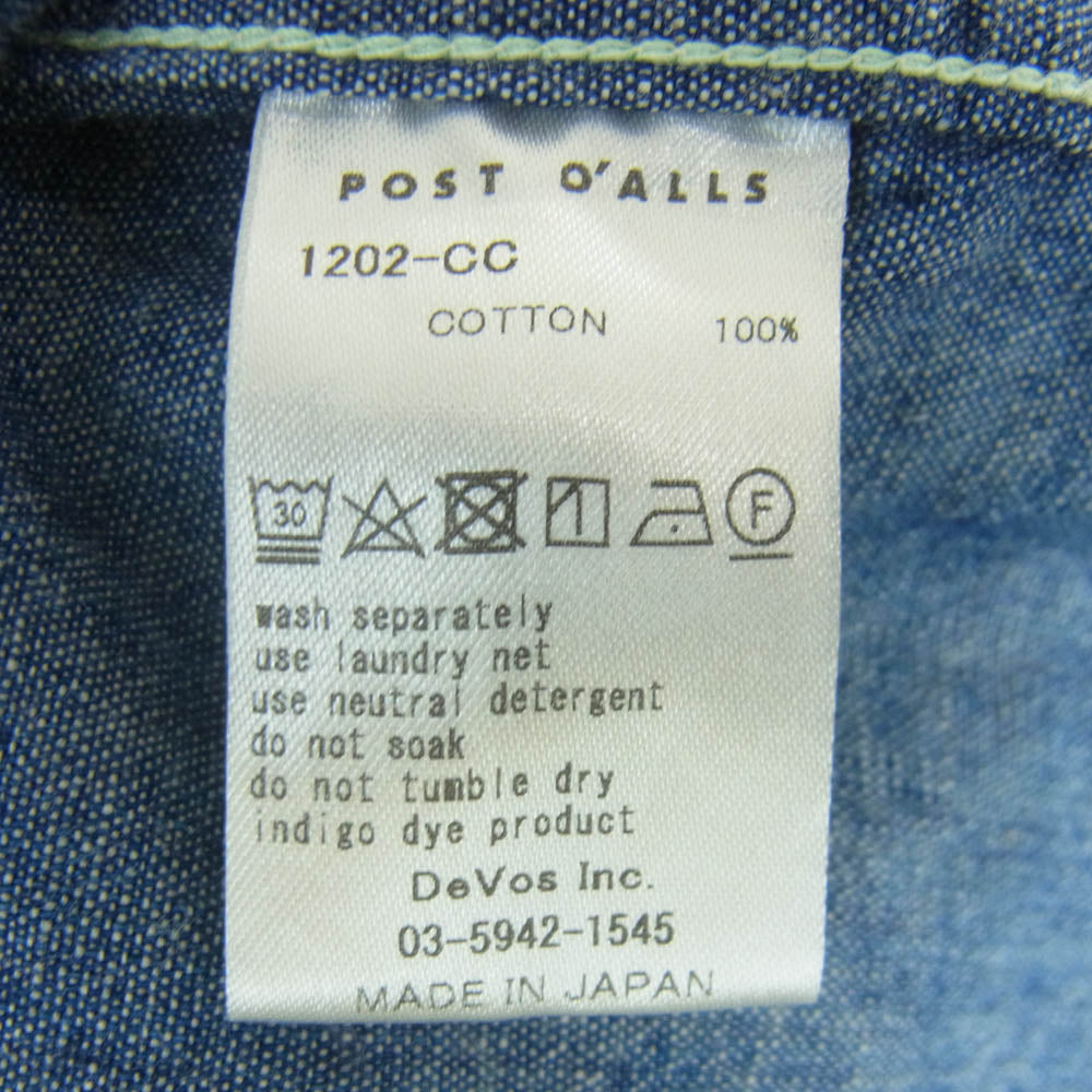 POST OVERALLS ポストオーバーオールズ 1202-CC NO.2 Shirts classic chambray ハーフボタン シャンブレー プルオーバー 長袖 シャツ インディゴブルー系 L【中古】