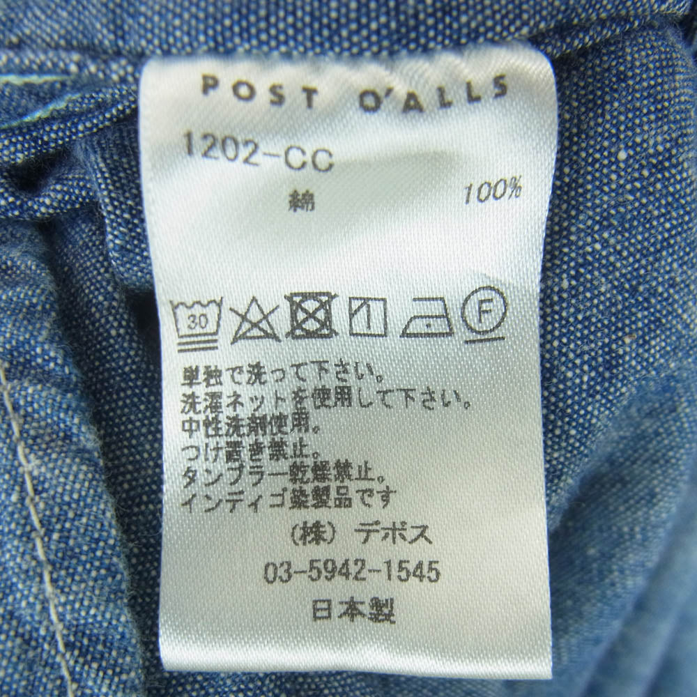 POST OVERALLS ポストオーバーオールズ 1202-CC NO.2 Shirts classic chambray ハーフボタン シャンブレー プルオーバー 長袖 シャツ インディゴブルー系 L【中古】