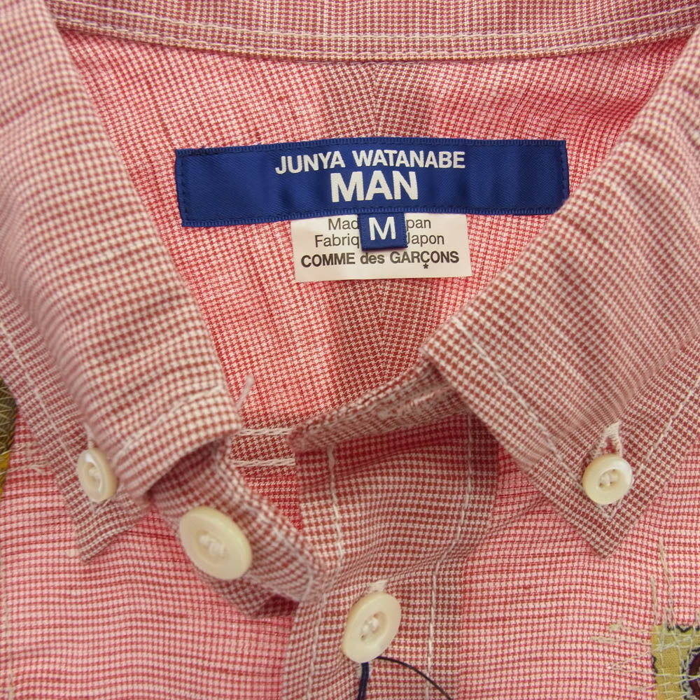 JUNYA WATANABE COMME des GARCONS MAN ジュンヤワタナベコムデギャルソンマン WO-B014-051 BD S/S SHIRT パッチワーク ボタンダウン 半袖 シャツ レッド系 マルチカラー系 M【極上美品】【中古】