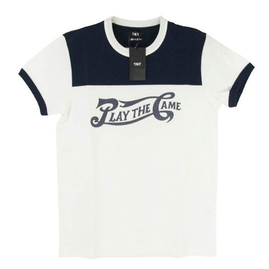 TMT ティーエムティー TCS-S18SP01 PLAY THE LAME ロゴ コットン 半袖 Tシャツ ネイビー系 ホワイト系 S【新古品】【未使用】【中古】