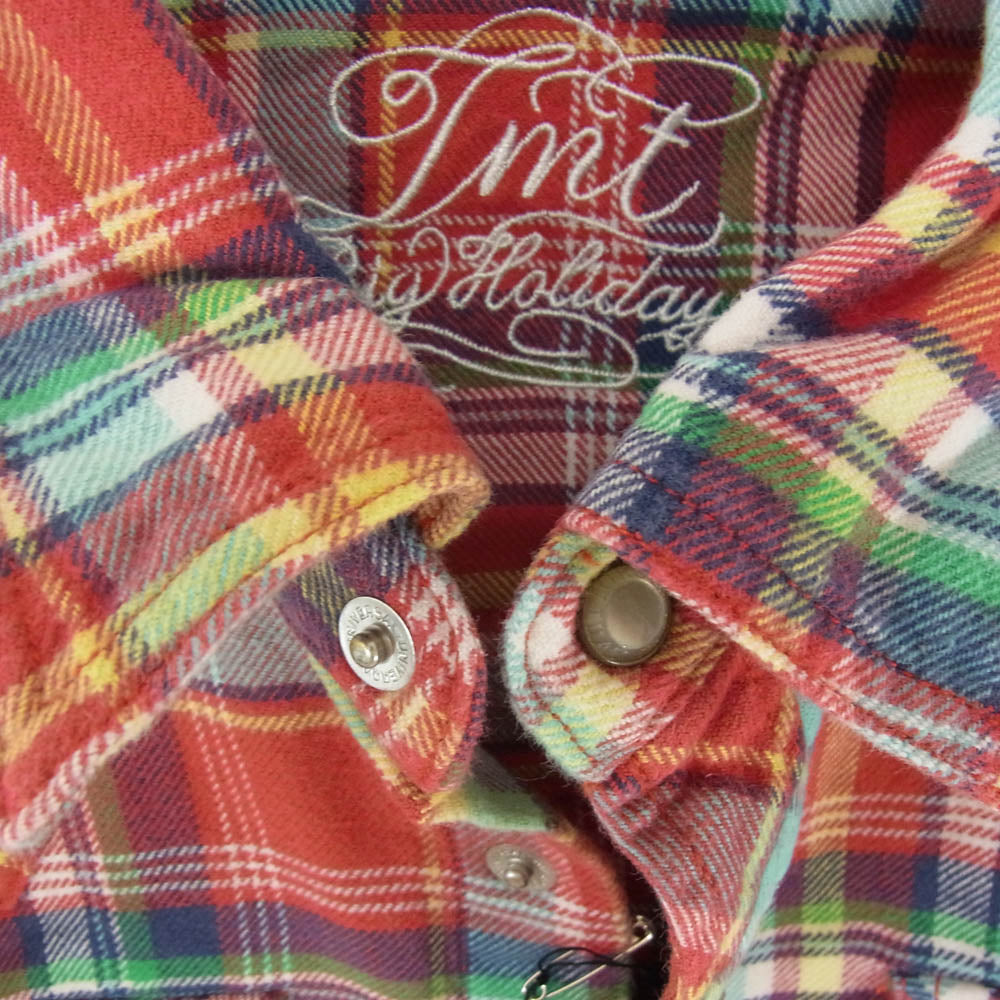 TMT ティーエムティー TSH-F1303 マルチカラー チェック柄 フランネル コットン 長袖 シャツ レッド系 S【新古品】【未使用】【中古】