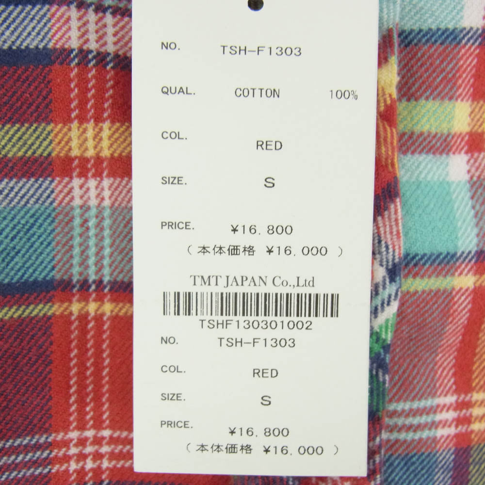 TMT ティーエムティー TSH-F1303 マルチカラー チェック柄 フランネル コットン 長袖 シャツ レッド系 S【新古品】【未使用】【中古】