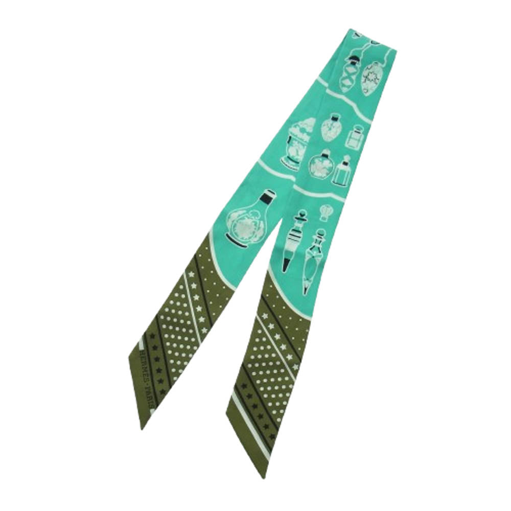 HERMES エルメス Les Flacons Bandana ツイリー スカーフ カーキ系 エメナルドグリーン系【中古】